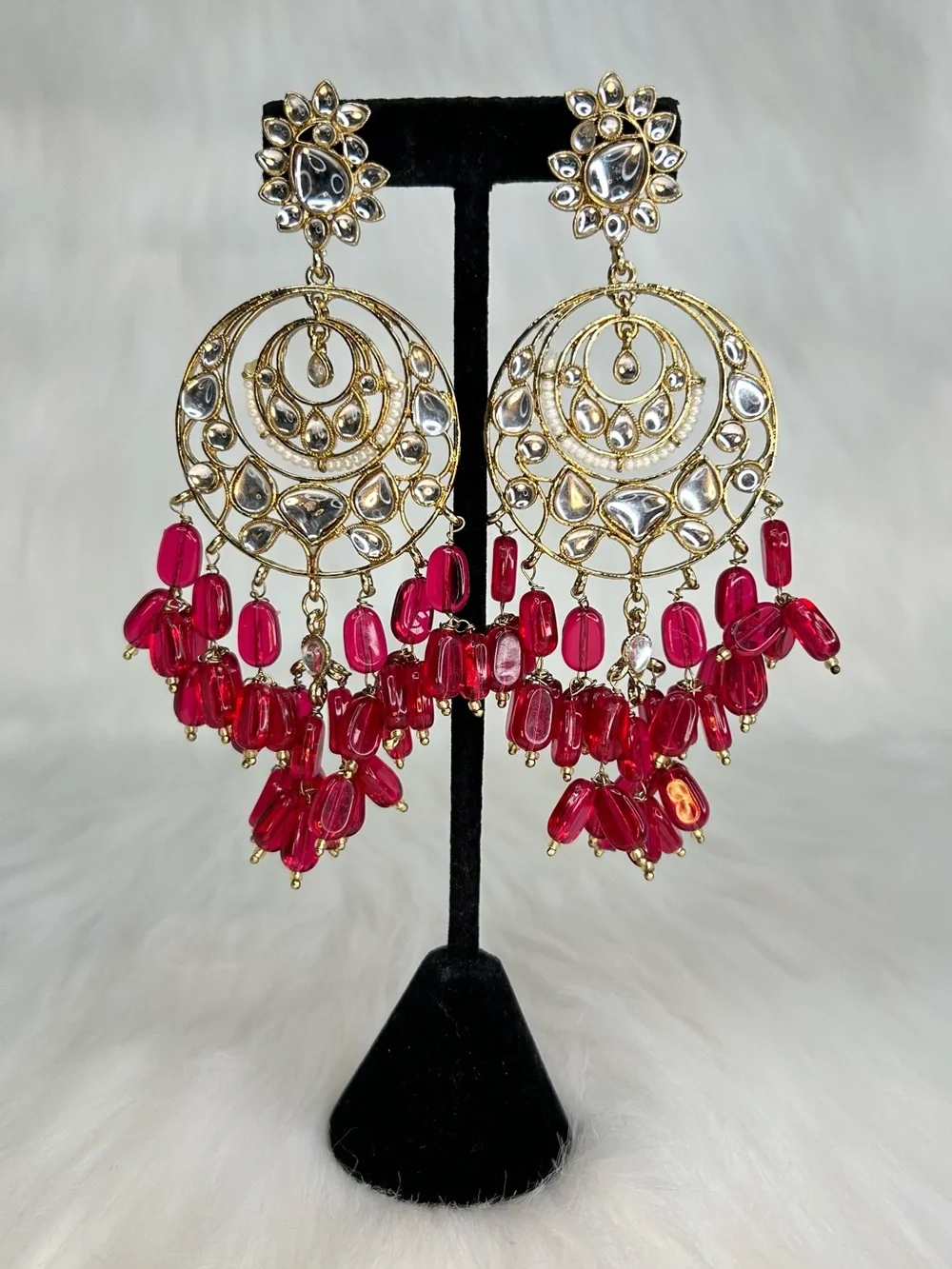 Hot Pink Gold Chandelier Lightweight Long Earrings